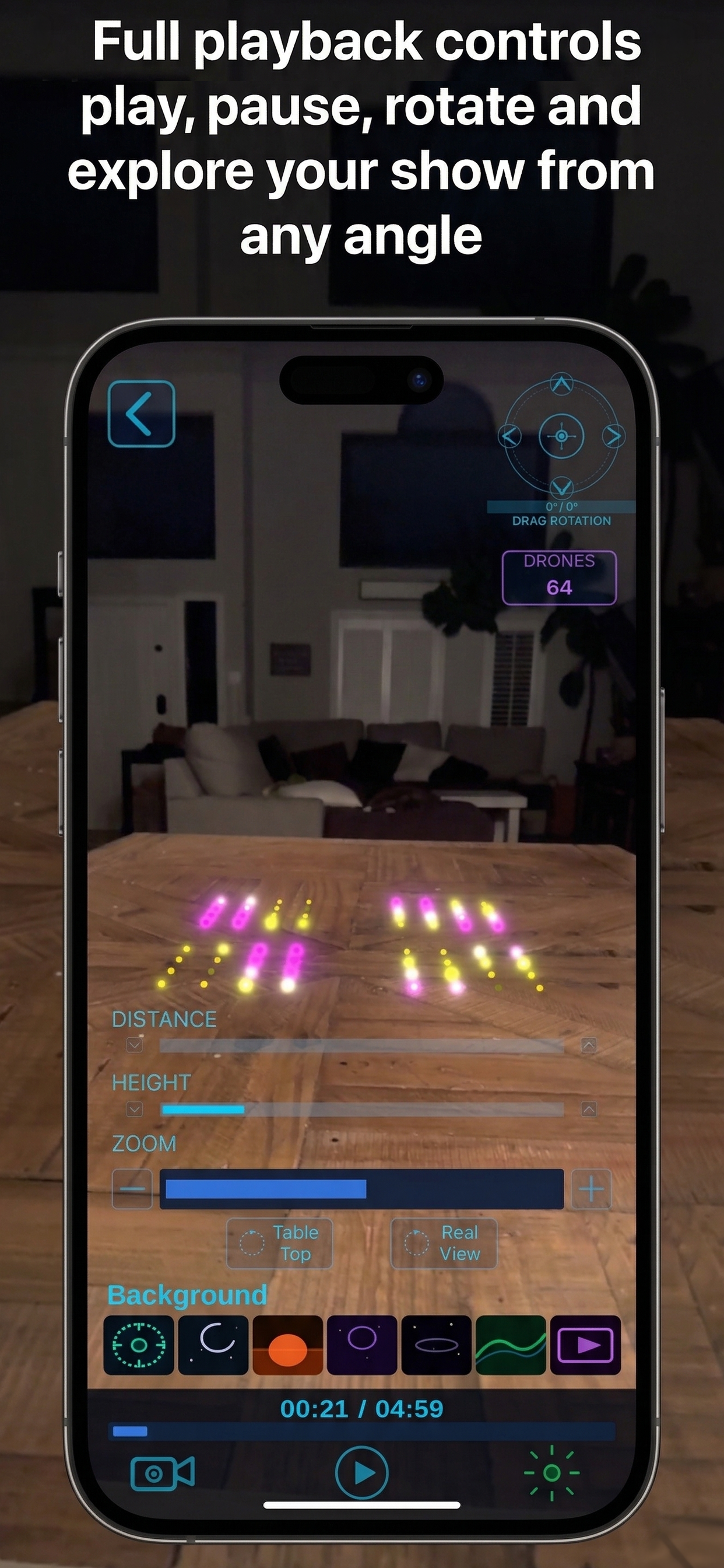 Full playback controls — play, pause, rotate